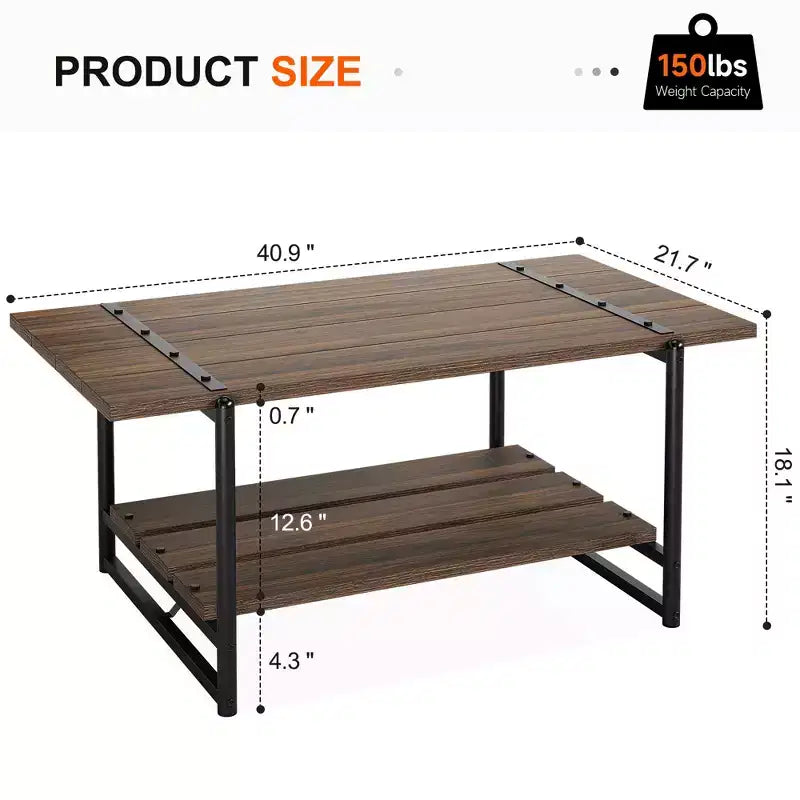 Tavolino da caffè rustico a doppio ripiano da 41 pollici con ripiani portaoggetti, tavolino rettangolare moderno in metallo per soggiorno, mobili decorativi