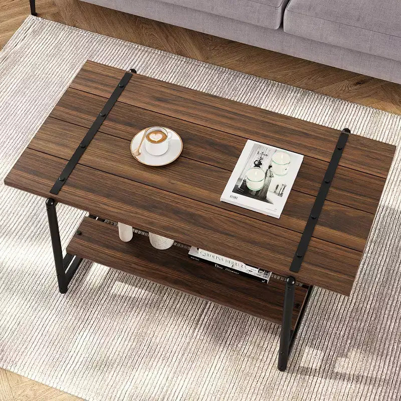 Tavolino da caffè rustico a doppio ripiano da 41 pollici con ripiani portaoggetti, tavolino rettangolare moderno in metallo per soggiorno, mobili decorativi