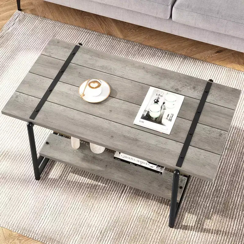 Tavolino da caffè rustico a doppio ripiano da 41 pollici con ripiani portaoggetti, tavolino rettangolare moderno in metallo per soggiorno, mobili decorativi