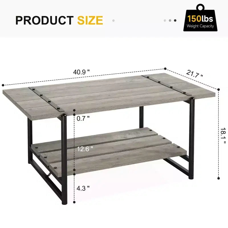 Tavolino da caffè rustico a doppio ripiano da 41 pollici con ripiani portaoggetti, tavolino rettangolare moderno in metallo per soggiorno, mobili decorativi