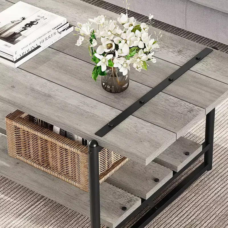 Tavolino da caffè rustico a doppio ripiano da 41 pollici con ripiani portaoggetti, tavolino rettangolare moderno in metallo per soggiorno, mobili decorativi