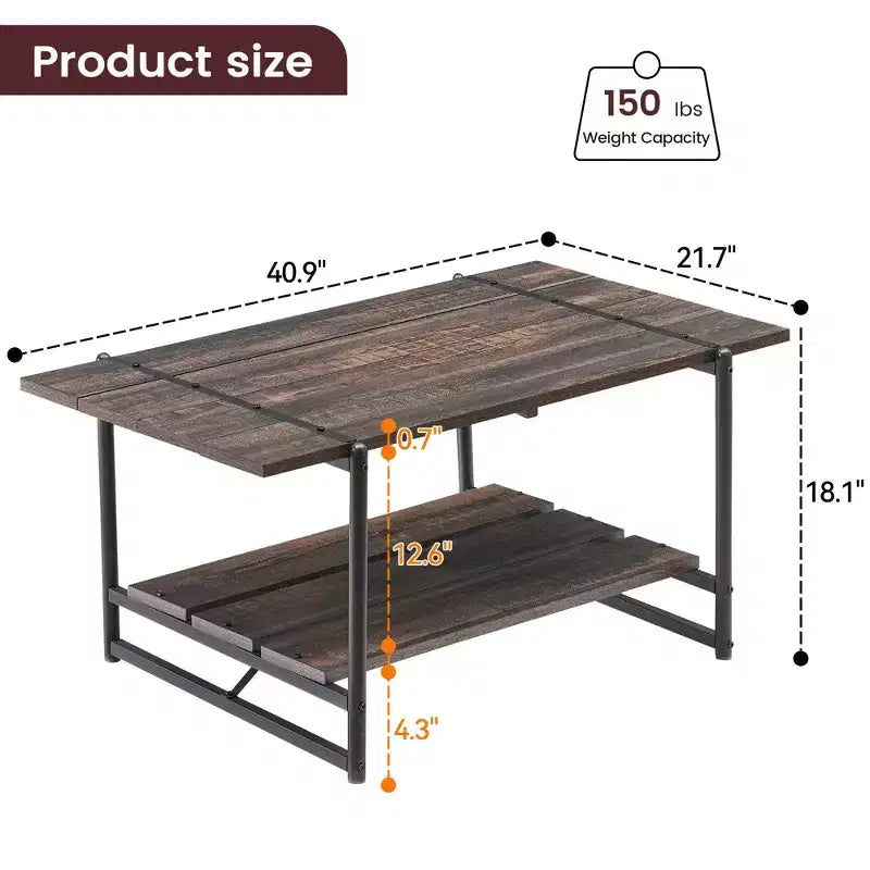 Tavolino da caffè rustico a doppio ripiano da 41 pollici con ripiani portaoggetti, tavolino rettangolare moderno in metallo per soggiorno, mobili decorativi