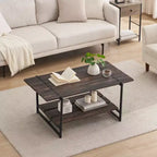41 Inch Double Tiered Farmhouse Coffee Table with Storage Shelves, Modern Rustic Metal Rectangular Living Room Coffee Table, Decorative Furniture