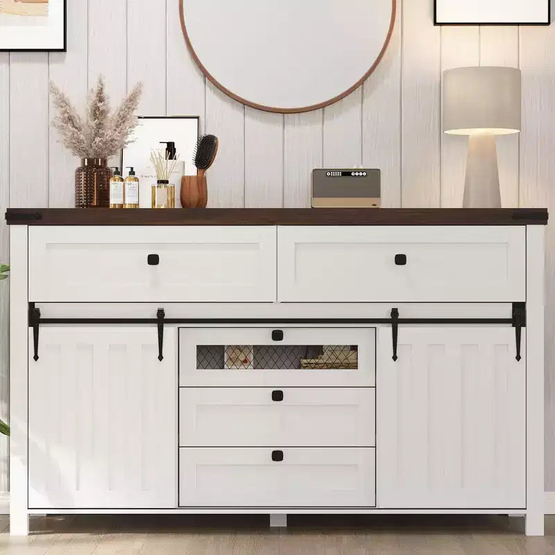 Zstar Farmhouse 5 Drawers Dresser for Bedroom with Sliding Barn Doors, Wood Dresser & Chest of Drawers, Rustic TV Stand,White