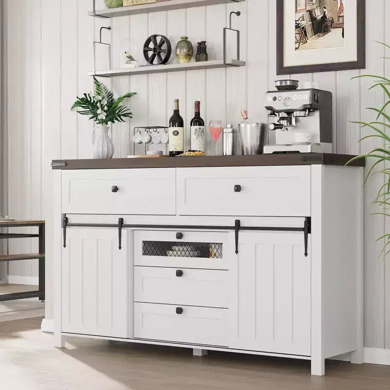 Zstar Comò a 5 cassetti per camera da letto con ante scorrevoli, cassettiera in legno, mobile TV rustico, bianco