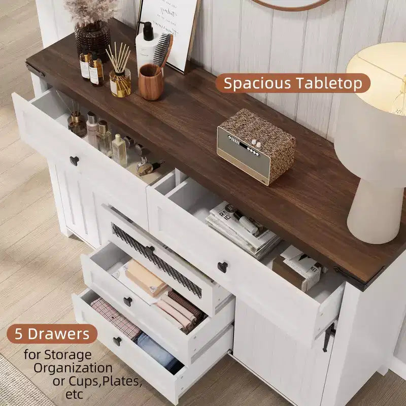 Zstar Comò a 5 cassetti per camera da letto con ante scorrevoli, cassettiera in legno, mobile TV rustico, bianco