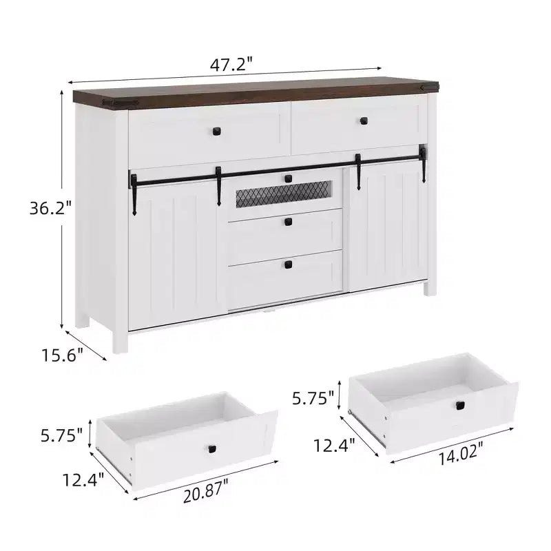 Zstar Comò a 5 cassetti per camera da letto con ante scorrevoli, cassettiera in legno, mobile TV rustico, bianco