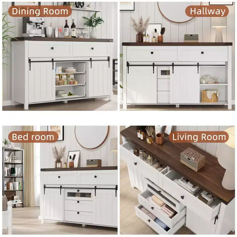 Zstar Comò a 5 cassetti per camera da letto con ante scorrevoli, cassettiera in legno, mobile TV rustico, bianco