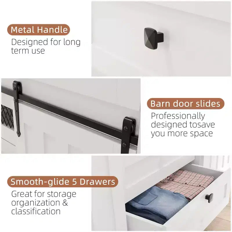 Zstar Comò a 5 cassetti per camera da letto con ante scorrevoli, cassettiera in legno, mobile TV rustico, bianco