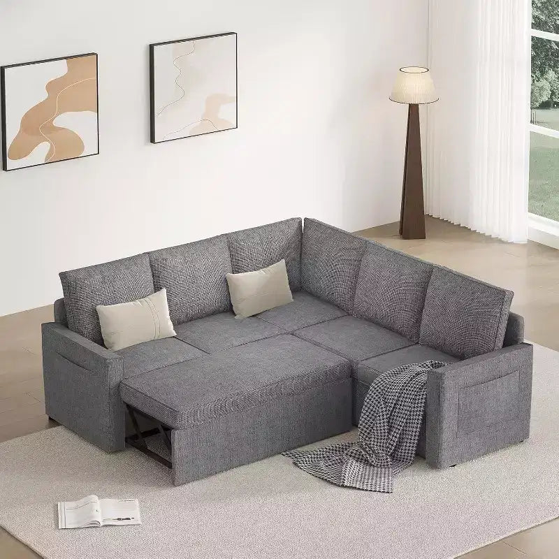 Divano modulare a L Dyonery, con letto estraibile, divano modulare in lino di alta qualità, divano letto trasformabile da 78 pollici, divano per soggiorno