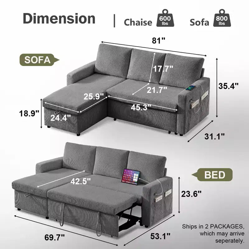Dyonery divano letto multifunzione da 81 pollici, divano a L, divano estraibile, schienale regolabile, installazione senza attrezzi, velluto a coste