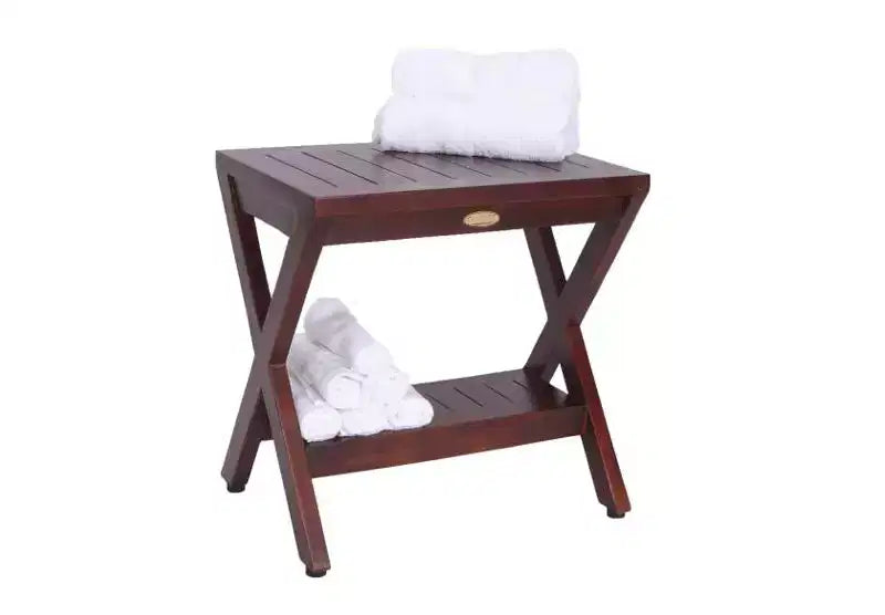 Panchina da doccia/esterno compatta HomeRoots a X in teak con ripiano, finitura marrone