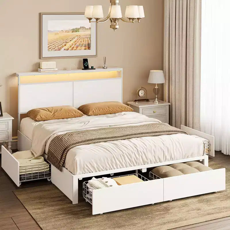 Hausource Modern Bed Frame with 4 Storage Drawers & LED Headboard & Charging Station