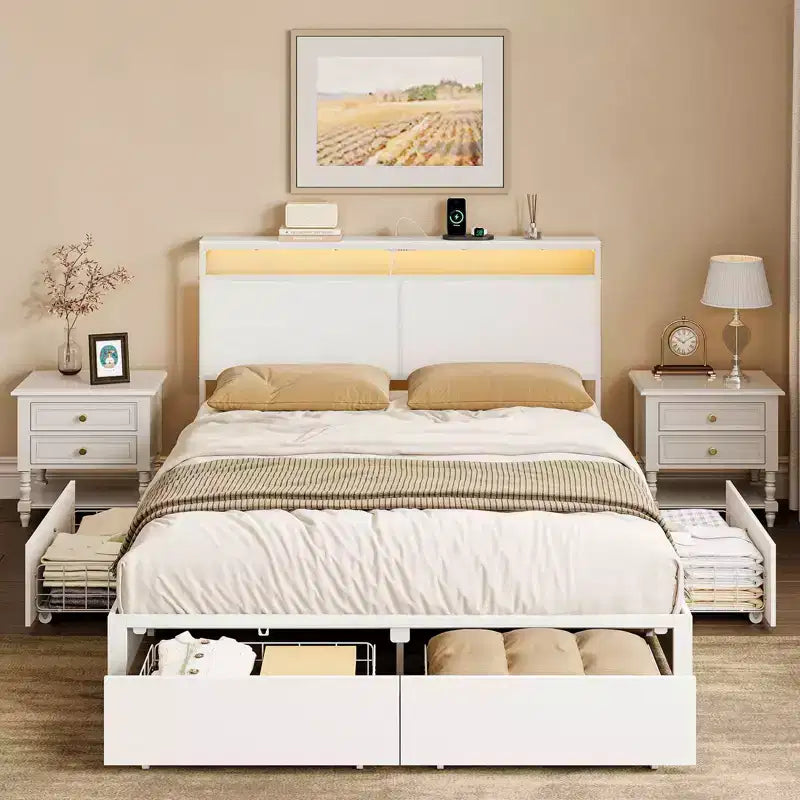 Hausource Telaio letto moderno con 4 cassetti portaoggetti, testiera a LED e stazione di ricarica