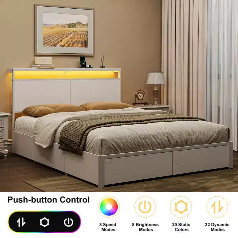 Hausource Telaio letto moderno con 4 cassetti portaoggetti, testiera a LED e stazione di ricarica