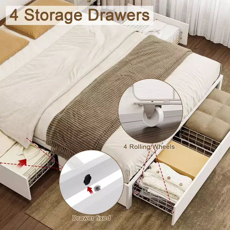 Hausource Telaio letto moderno con 4 cassetti portaoggetti, testiera a LED e stazione di ricarica