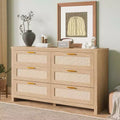 Acekool 6-Drawer Rattan Dresser, Boho Modern Chest with Woven Fronts, Large Storage Cabinet for Bedroom, Closet, Living Room, Natural