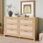 Acekool 6-Drawer Rattan Dresser, Boho Modern Chest with Woven Fronts, Large Storage Cabinet for Bedroom, Closet, Living Room, Natural