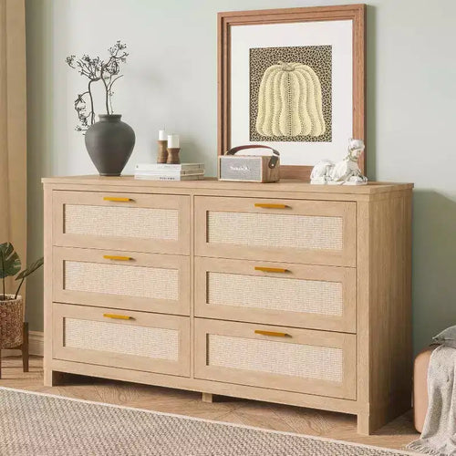Acekool 6-Drawer Rattan Dresser, Boho Modern Chest with Woven Fronts, Large Storage Cabinet for Bedroom, Closet, Living Room, Natural