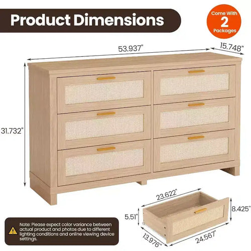 Comò Acekool a 6 cassetti in Rattan, Cassettiera Moderna Boho con Frontali Intrecciati, Armadio Contenitore Grande per Camera da Letto, Guardaroba, Soggiorno, Naturale