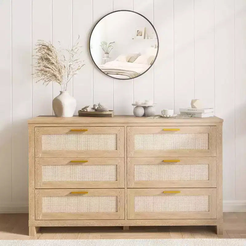 Comò Acekool a 6 cassetti in Rattan, Cassettiera Moderna Boho con Frontali Intrecciati, Armadio Contenitore Grande per Camera da Letto, Guardaroba, Soggiorno, Naturale