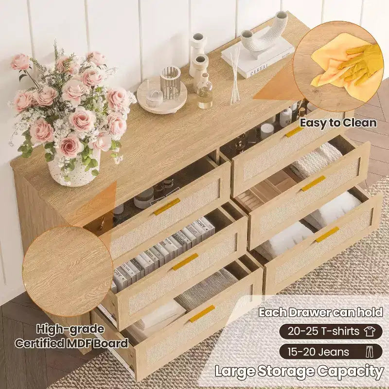 Comò Acekool a 6 cassetti in Rattan, Cassettiera Moderna Boho con Frontali Intrecciati, Armadio Contenitore Grande per Camera da Letto, Guardaroba, Soggiorno, Naturale
