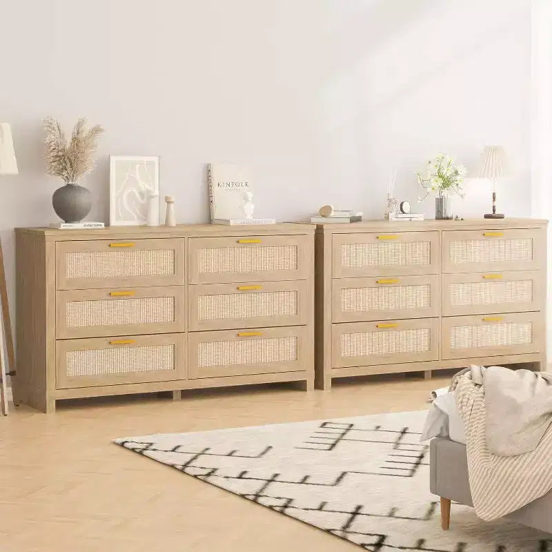 Comò Acekool a 6 cassetti in Rattan, Cassettiera Moderna Boho con Frontali Intrecciati, Armadio Contenitore Grande per Camera da Letto, Guardaroba, Soggiorno, Naturale