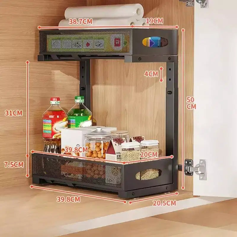 GustoWave Organizzatore Sottolavello da Cucina in Acciaio al Carbonio a 2 Livelli Estraibile, Cestello Sottolavello Regolabile in Altezza, Organizzatore per Mobile da Cucina