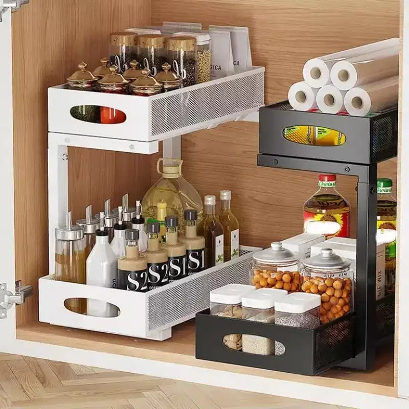 GustoWave Organizzatore Sottolavello da Cucina in Acciaio al Carbonio a 2 Livelli Estraibile, Cestello Sottolavello Regolabile in Altezza, Organizzatore per Mobile da Cucina