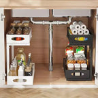 GustoWave Organizzatore Sottolavello da Cucina in Acciaio al Carbonio a 2 Livelli Estraibile, Cestello Sottolavello Regolabile in Altezza, Organizzatore per Mobile da Cucina