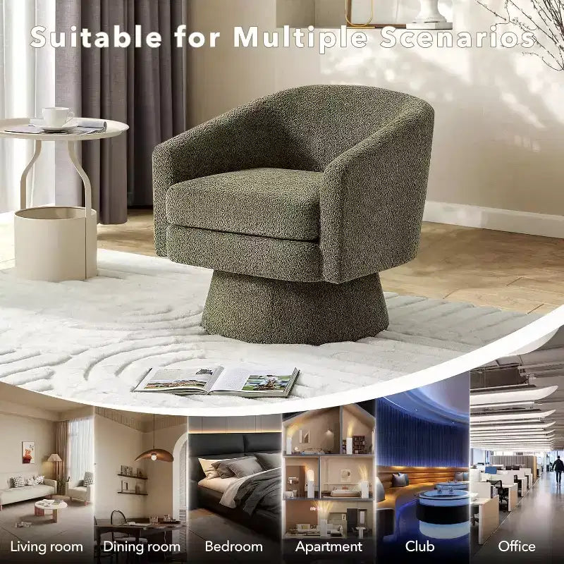 Poltrona Girevole a 360°, Rivestimento in ciniglia Felpata, Base in Legno con Pouf, Regolabile (Beige/Grigio/Verde/Rosa) per Soggiorno e Camera da Letto
