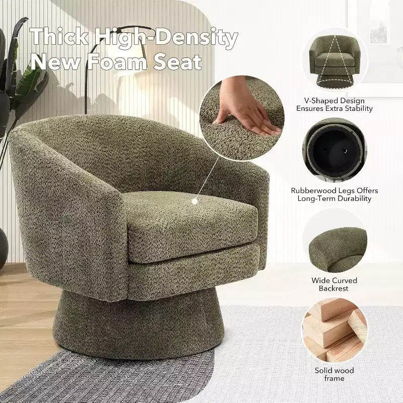 Poltrona Girevole a 360°, Rivestimento in ciniglia Felpata, Base in Legno con Pouf, Regolabile (Beige/Grigio/Verde/Rosa) per Soggiorno e Camera da Letto
