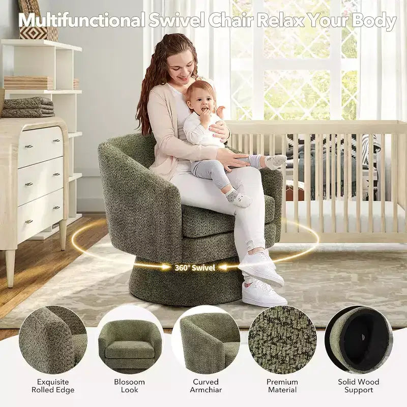 Poltrona Girevole a 360°, Rivestimento in ciniglia Felpata, Base in Legno con Pouf, Regolabile (Beige/Grigio/Verde/Rosa) per Soggiorno e Camera da Letto