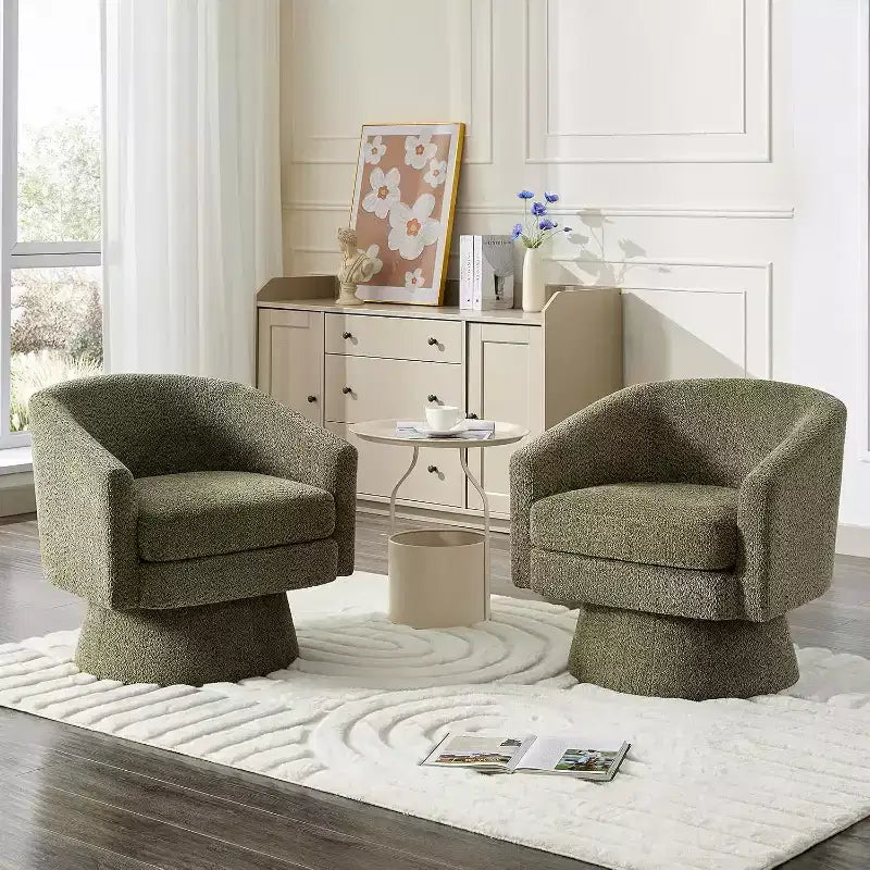 Poltrona Girevole a 360°, Rivestimento in ciniglia Felpata, Base in Legno con Pouf, Regolabile (Beige/Grigio/Verde/Rosa) per Soggiorno e Camera da Letto