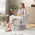 Poltrona Girevole a 360°, Rivestimento in ciniglia Felpata, Base in Legno con Pouf, Regolabile (Beige/Grigio/Verde/Rosa) per Soggiorno e Camera da Letto