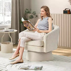 Poltrona Girevole a 360°, Rivestimento in ciniglia Felpata, Base in Legno con Pouf, Regolabile (Beige/Grigio/Verde/Rosa) per Soggiorno e Camera da Letto