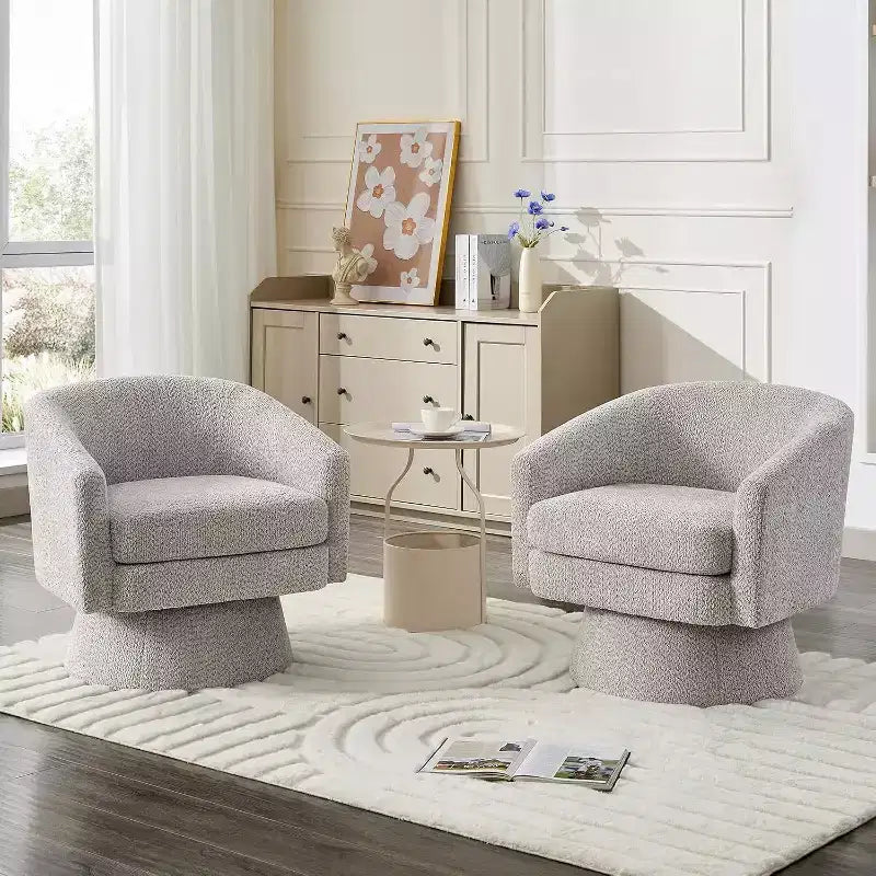 Poltrona Girevole a 360°, Rivestimento in ciniglia Felpata, Base in Legno con Pouf, Regolabile (Beige/Grigio/Verde/Rosa) per Soggiorno e Camera da Letto