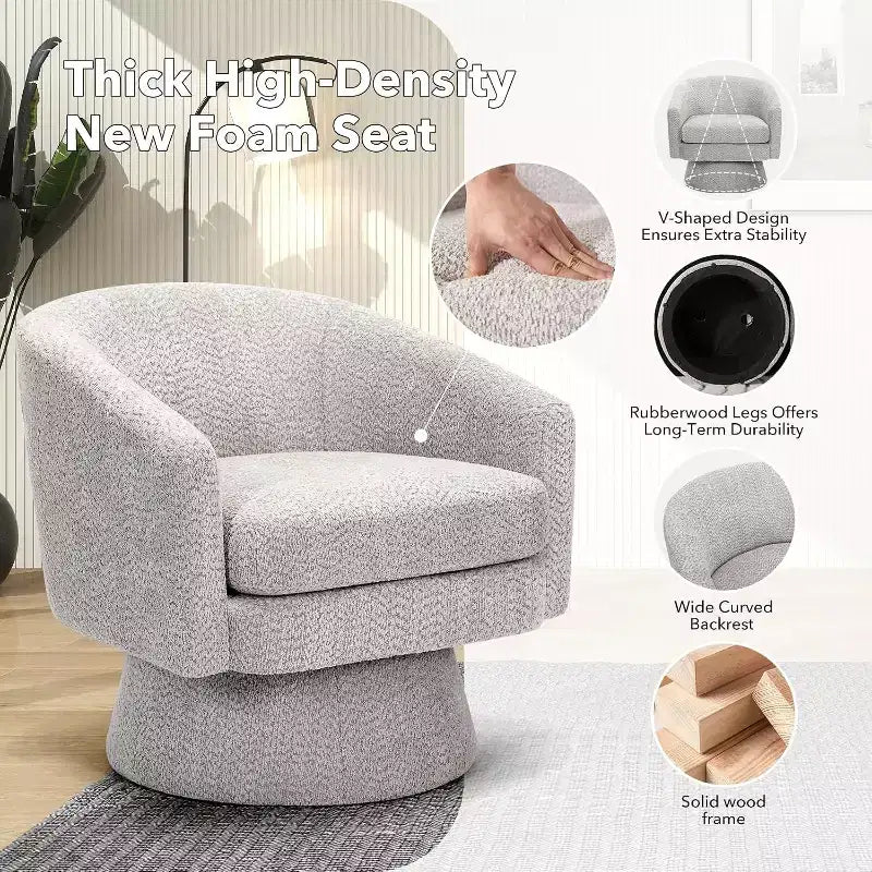 Poltrona Girevole a 360°, Rivestimento in ciniglia Felpata, Base in Legno con Pouf, Regolabile (Beige/Grigio/Verde/Rosa) per Soggiorno e Camera da Letto