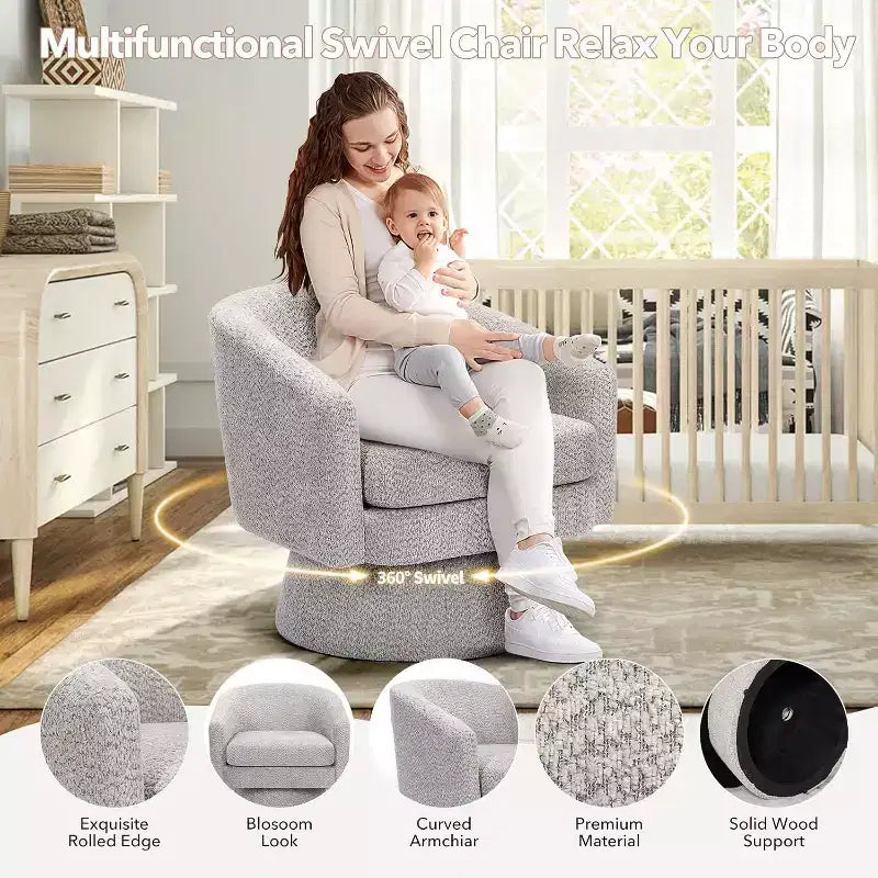 Poltrona Girevole a 360°, Rivestimento in ciniglia Felpata, Base in Legno con Pouf, Regolabile (Beige/Grigio/Verde/Rosa) per Soggiorno e Camera da Letto