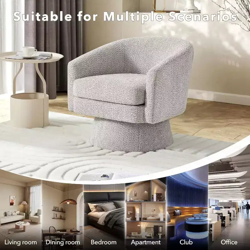 Poltrona Girevole a 360°, Rivestimento in ciniglia Felpata, Base in Legno con Pouf, Regolabile (Beige/Grigio/Verde/Rosa) per Soggiorno e Camera da Letto