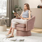 Poltrona Girevole a 360°, Rivestimento in ciniglia Felpata, Base in Legno con Pouf, Regolabile (Beige/Grigio/Verde/Rosa) per Soggiorno e Camera da Letto