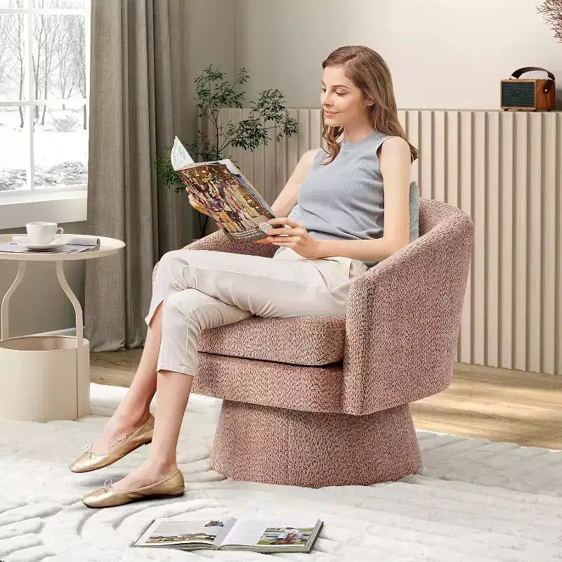 Poltrona Girevole a 360°, Rivestimento in ciniglia Felpata, Base in Legno con Pouf, Regolabile (Beige/Grigio/Verde/Rosa) per Soggiorno e Camera da Letto
