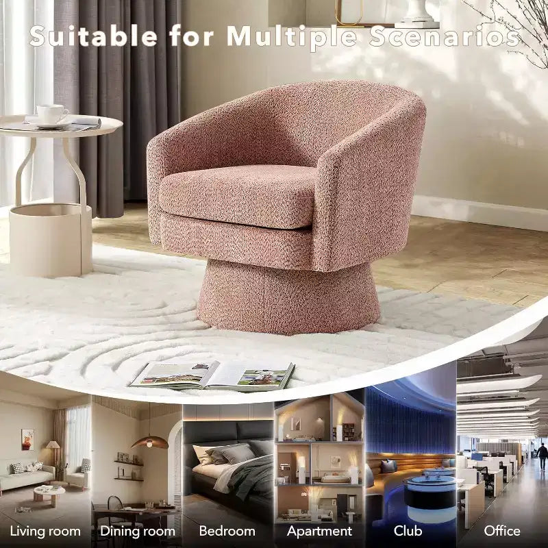 Poltrona Girevole a 360°, Rivestimento in ciniglia Felpata, Base in Legno con Pouf, Regolabile (Beige/Grigio/Verde/Rosa) per Soggiorno e Camera da Letto