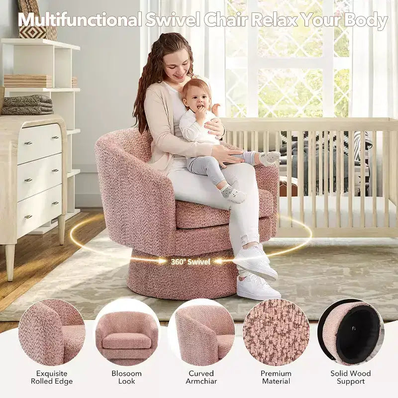 Poltrona Girevole a 360°, Rivestimento in ciniglia Felpata, Base in Legno con Pouf, Regolabile (Beige/Grigio/Verde/Rosa) per Soggiorno e Camera da Letto