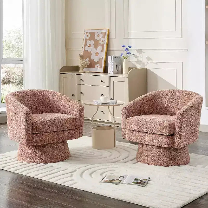 Poltrona Girevole a 360°, Rivestimento in ciniglia Felpata, Base in Legno con Pouf, Regolabile (Beige/Grigio/Verde/Rosa) per Soggiorno e Camera da Letto
