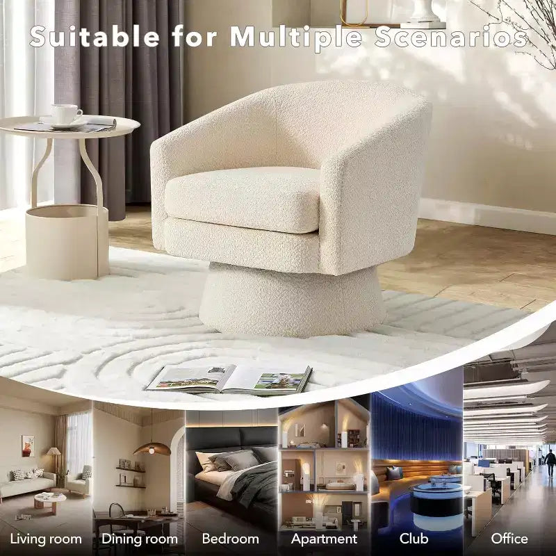 Poltrona Girevole a 360°, Rivestimento in ciniglia Felpata, Base in Legno con Pouf, Regolabile (Beige/Grigio/Verde/Rosa) per Soggiorno e Camera da Letto