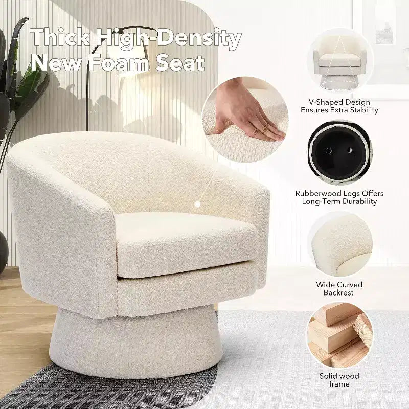Poltrona Girevole a 360°, Rivestimento in ciniglia Felpata, Base in Legno con Pouf, Regolabile (Beige/Grigio/Verde/Rosa) per Soggiorno e Camera da Letto