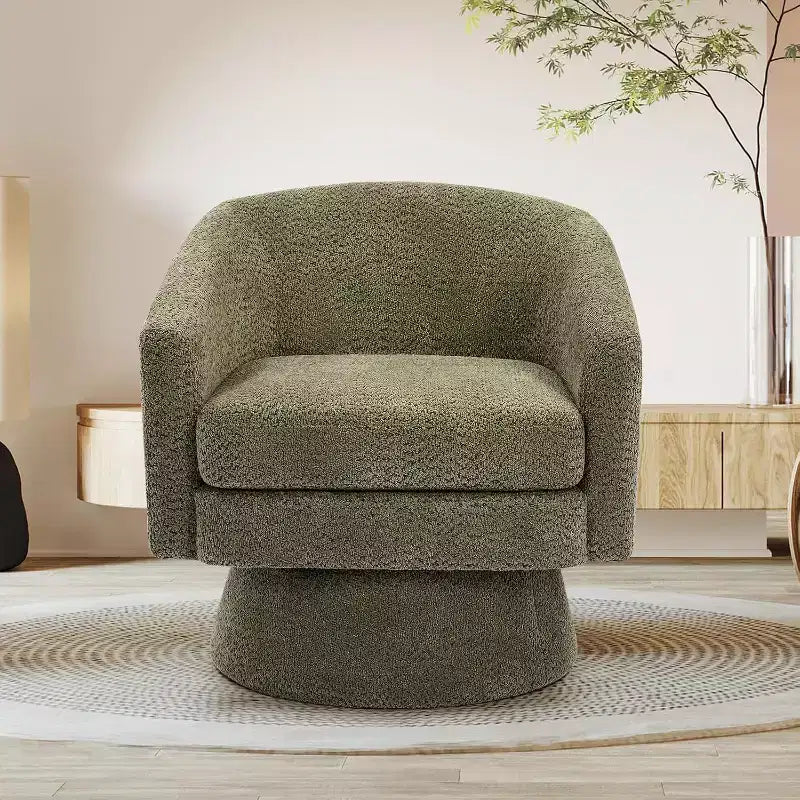 Poltrona Girevole a 360°, Rivestimento in ciniglia Felpata, Base in Legno con Pouf, Regolabile (Beige/Grigio/Verde/Rosa) per Soggiorno e Camera da Letto
