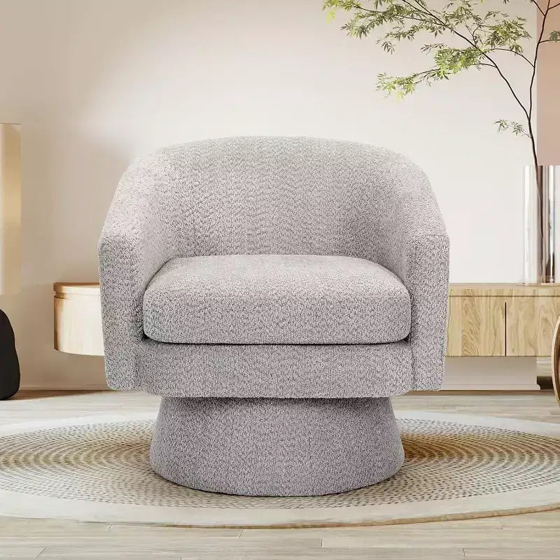 Poltrona Girevole a 360°, Rivestimento in ciniglia Felpata, Base in Legno con Pouf, Regolabile (Beige/Grigio/Verde/Rosa) per Soggiorno e Camera da Letto