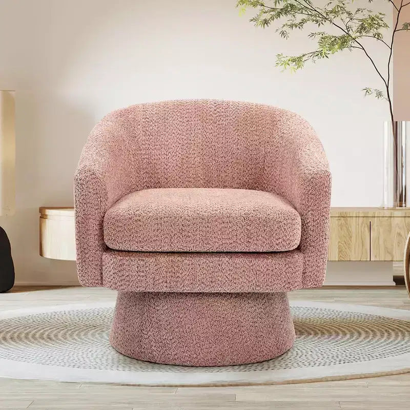 Poltrona Girevole a 360°, Rivestimento in ciniglia Felpata, Base in Legno con Pouf, Regolabile (Beige/Grigio/Verde/Rosa) per Soggiorno e Camera da Letto